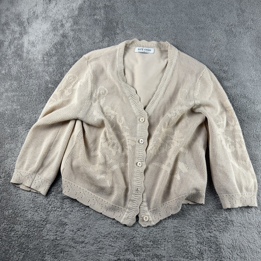 Kate Kasin Floral Knit V-Neck Button Front Cardigan Sweater Womens Medium Beige